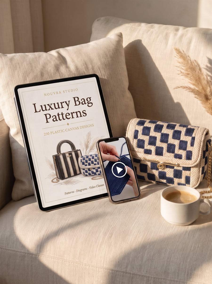The pattern book open on a tablet and a video class on a phone