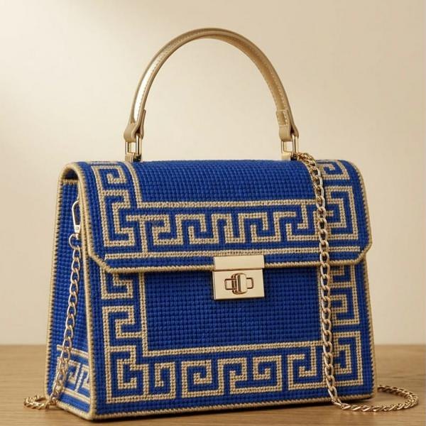 Cobalt structured satchel with gold key border