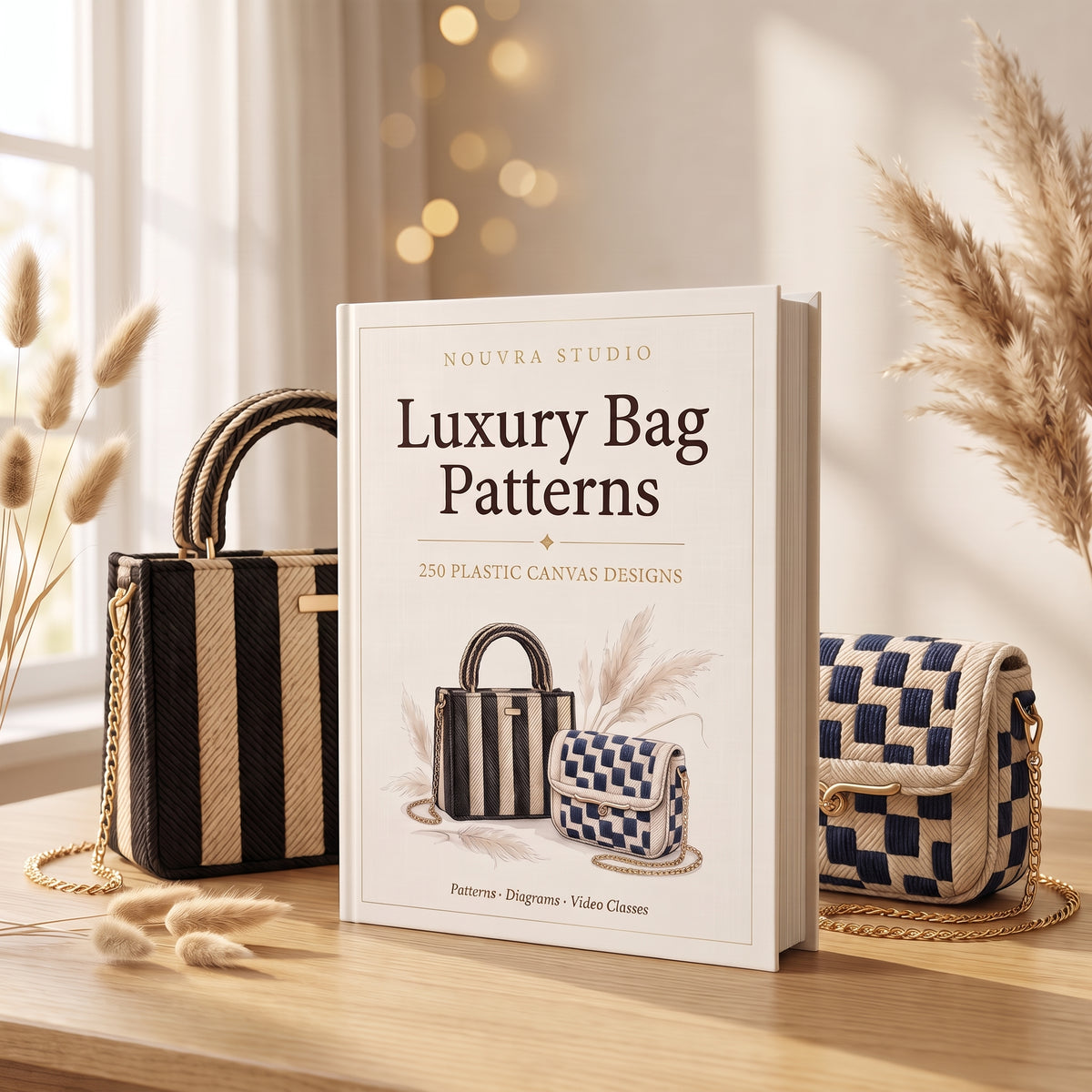 Luxury Bag Patterns by Nouvra Studio, the pattern book with two plastic canvas bags